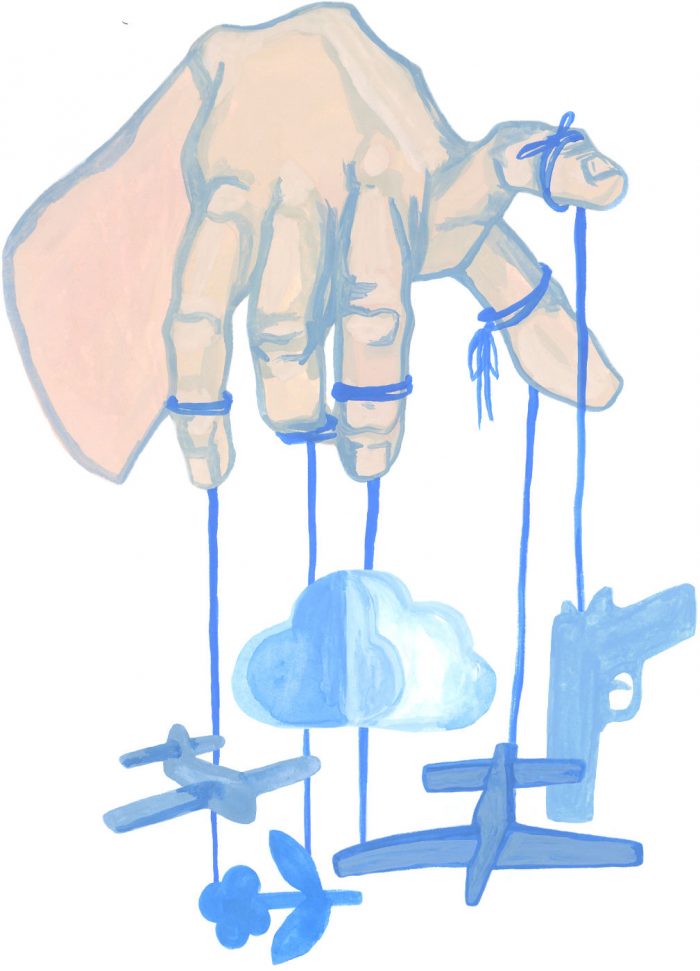 various weapons hanging from a hand like a puppet