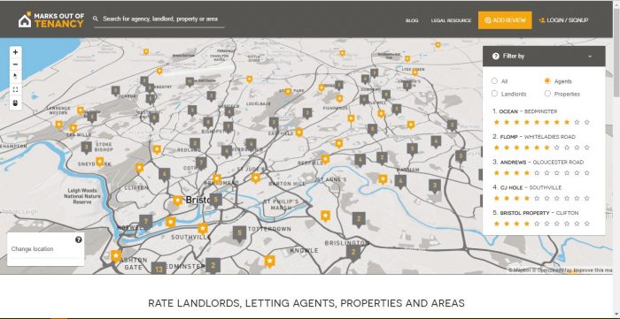 A rendering of Bristol as it appears on the Marks Out Of Tenancy website, with letting agencies and different neighbourhoods highlighted