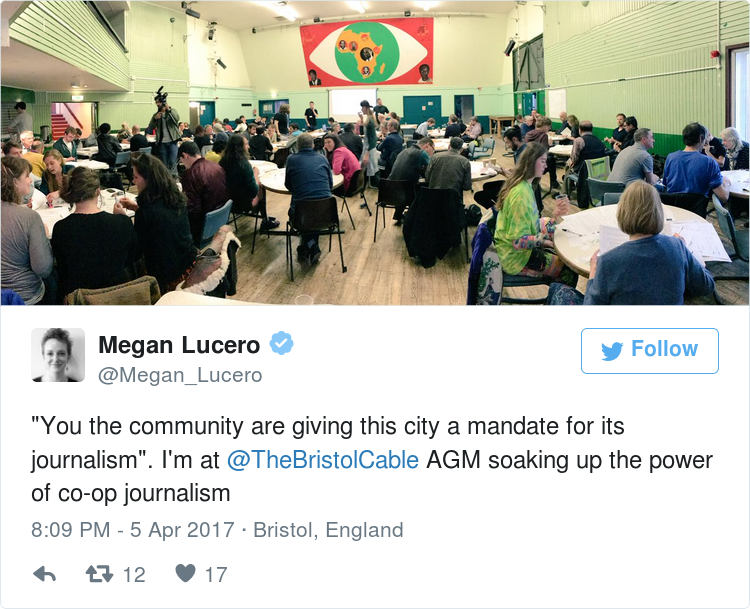 You the community are giving this city a mandate for its journalism. I'm at @TheBristolCable AGM soaking up the power of co-op journalism 