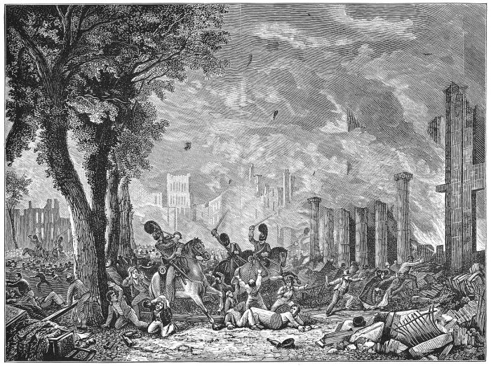 engraving of queen square during the riots