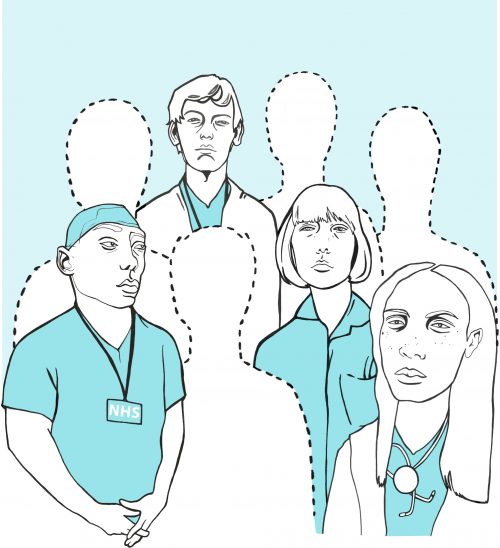 Nhs workers, some are outlines indicating they are absent with stress