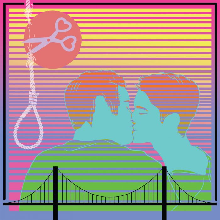 two men kiss over a rainbow clifton suspension bridge while a hang mans rope is cut in the top corner