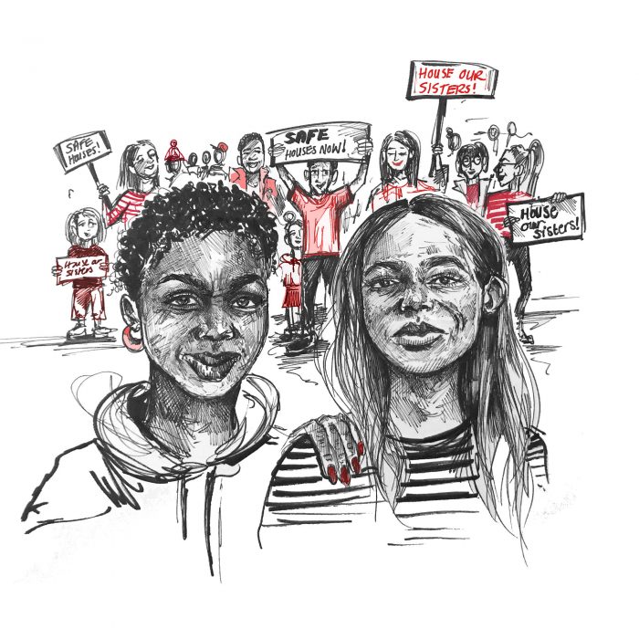 Illustration, two femme faces with a crowd of supporters with placards
