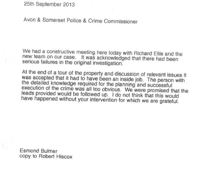 A letter from Esmond Bulmer to the Avon & Somerset Police & Crime Commissioner